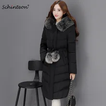 Женское длинное пуховое пальто, зимняя верхняя одежда с большим капюшоном из лисьего меха, милая теплая одежда из лисьего меха