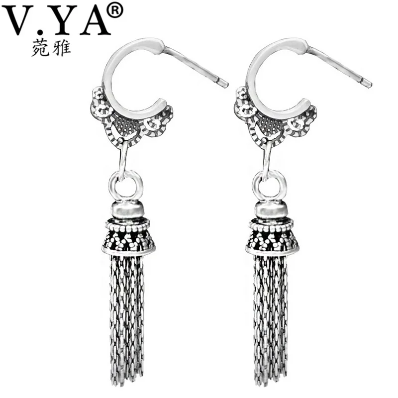 

V.YA Vintage Thai Silver Statement Earrings 100% 925 Sterling Silver Jewelry for Women Lady Party Christmas Gift