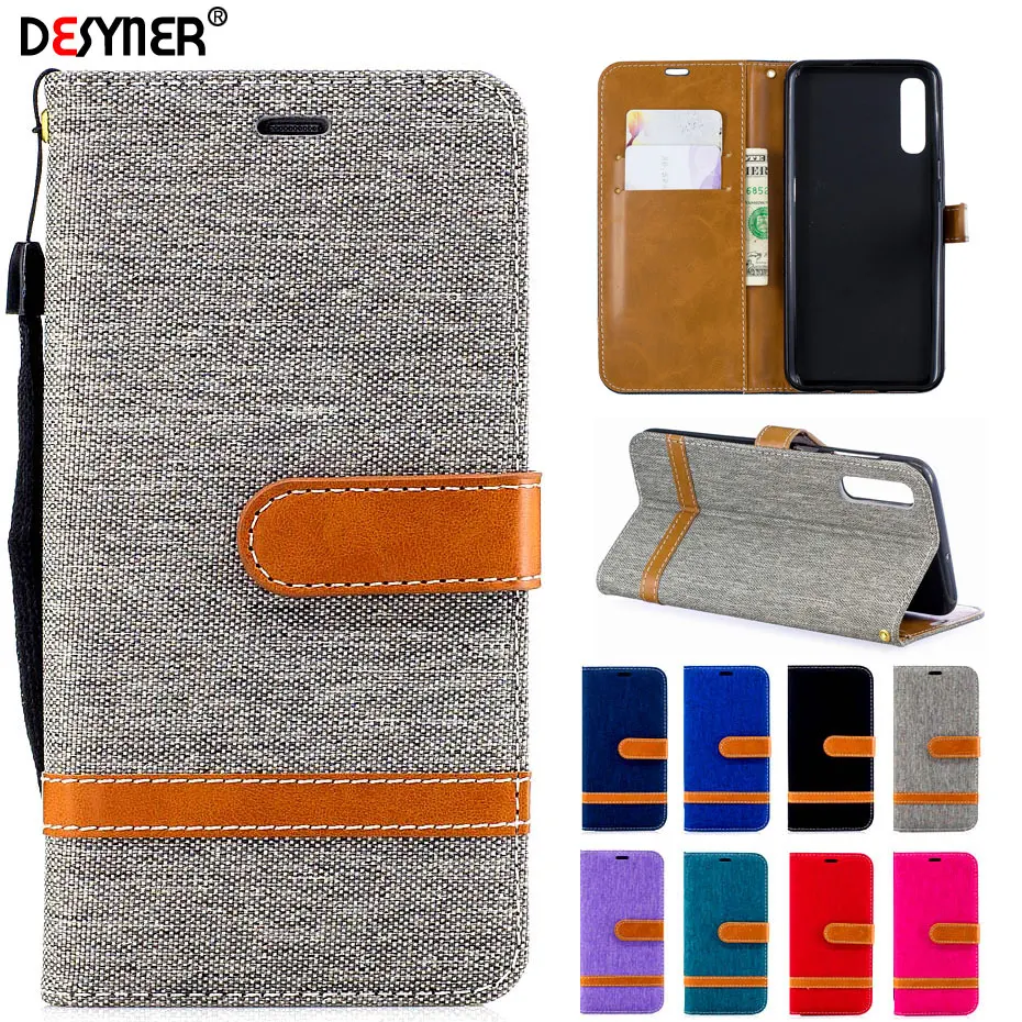 الدنيم مختلط الألوان بو الجلود حقيبة لهاتف سامسونج غالاكسي A50 A10 محفظة قلابة حقيبة لهاتف سامسونج غالاكسي A50 A10 كابا غطاء جراب هاتف