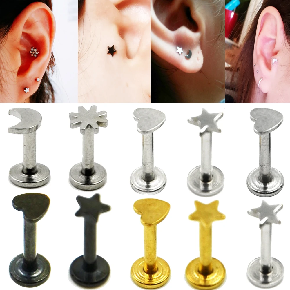 

1Pcs Stainless Steel Sun Moon Star,Heart Internally Thread Labret Lip Studs Rings Ear Cartilage Helix Studs Piercing Jewelry