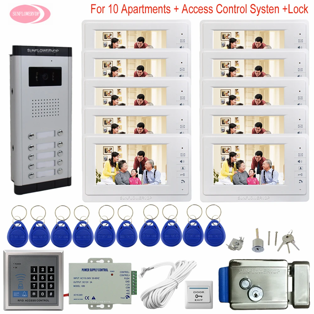 7\ Color Video Intercom 10 Apartments Housephone to House Access Control System + Electronic Control Door Lock Door Video Camera