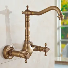 Special Price Vintage Retro Antique Brass Wall Mounted Dual Cross Handles Swivel Kitchen Bathroom Sink Basin Faucet Mixer Tap aan024