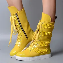 Bright Yellow Women Casual Flat Boots Rivets Lace Up Ladies Mid Calf Motorcycle Botas Gladiator Combat