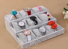 Free Ship 1pcs Gray wood+Velvet Jewelry Display Case 12 Grid Pillow Watches Bracelet