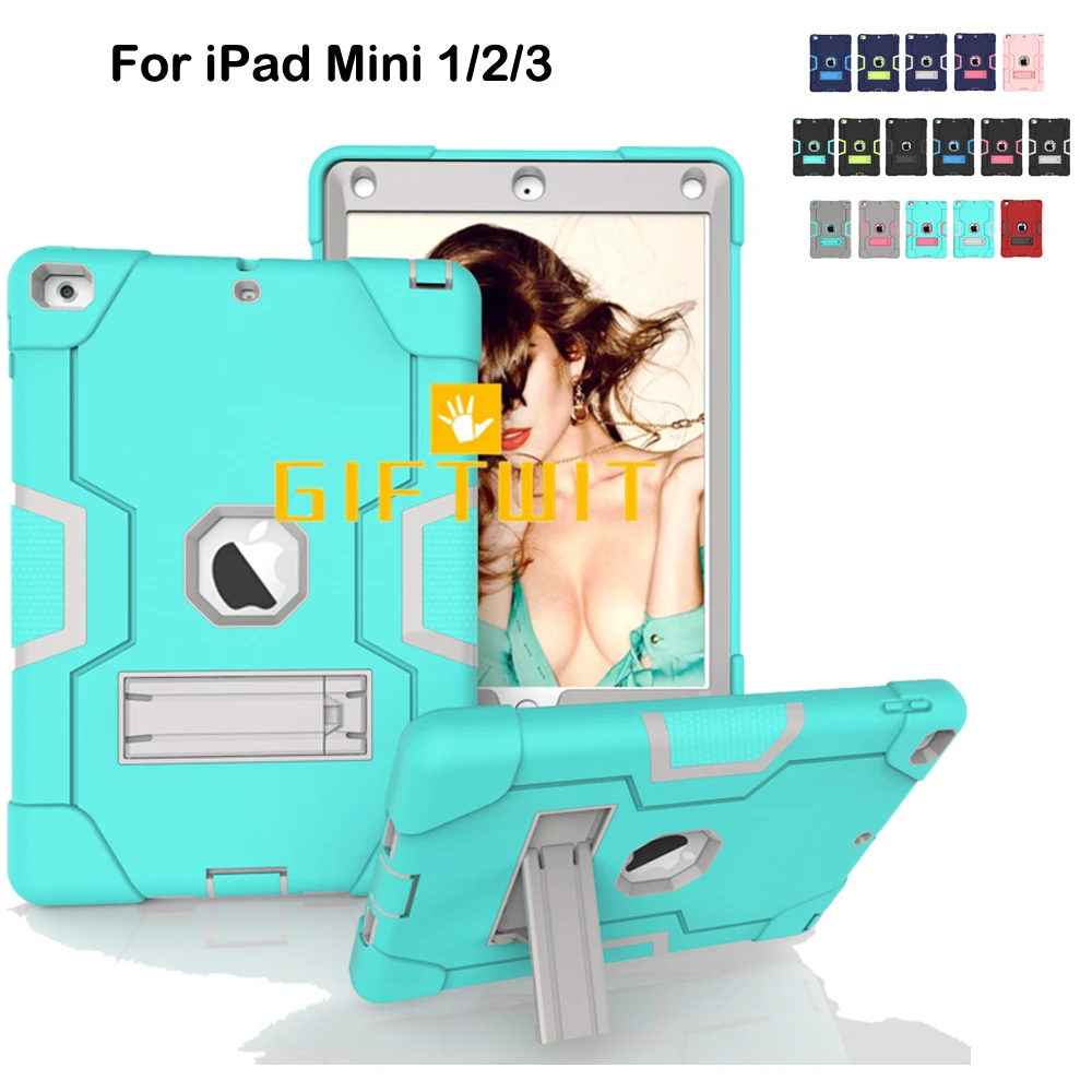 

For iPad Mini 1 / 2 / 3 Case, Impact Resistant Shockproof Heavy Duty Armor Silicon+PC Hybrid Three Layer Stand Tablet Cover Case
