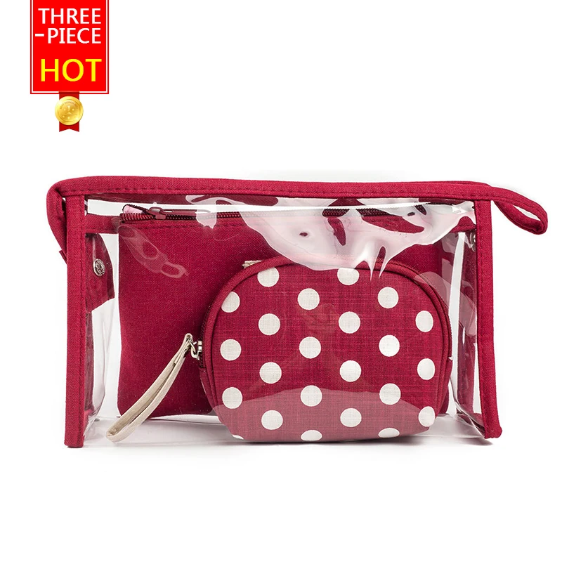 

HOT Travel essential Suit womens handbag+Cosmetic Bags+wash bag Multifunction dots Transparent Unisex Bag set