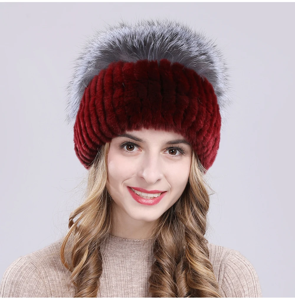 Outdoor Women Warm Soft Genuine Rex Rabbit Fur Hat Knitted Natural Real Sliver Fox Fur Caps Winter Real Rabbit Fur Beanies Hats