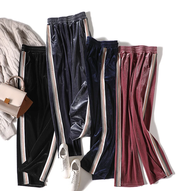 Новые весенне-осенние винтажные широкие брюки Pleuche женские с высокой талией панельные Боковые Полосатые брюки женские свободные корейские