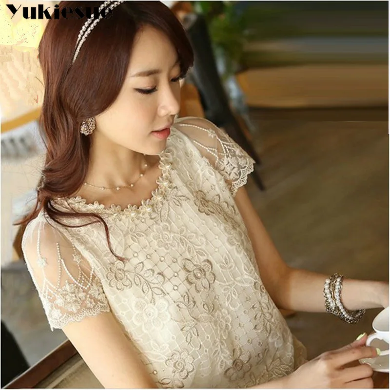 

lace blouse shirt femme women blusas 2019 summer short sleeve womens blouses and tops camisas mujer ladies clothes Plus size