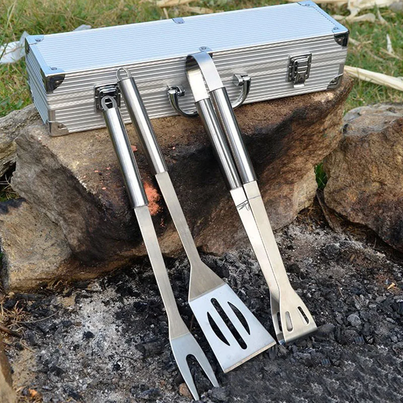 3 pcs Stainless Steel BBQ Set w/ Aluminum Carrying Case Barbecue Grilling Tool BBQ Fork+BBQ Tongs+BBQ Spatula