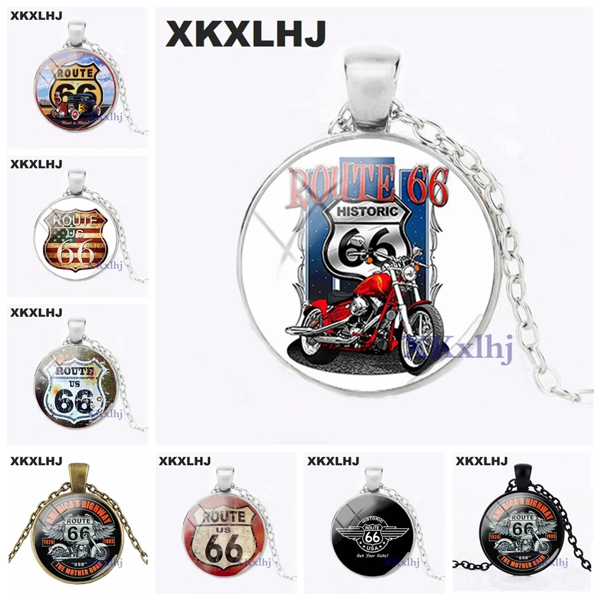 

XKXLHJ 2018 New USA ROUTE 66 Road Pendant Necklace Historic Route 66 Weathered Road Sign Pendants Glass Dome Necklaces Jewelry