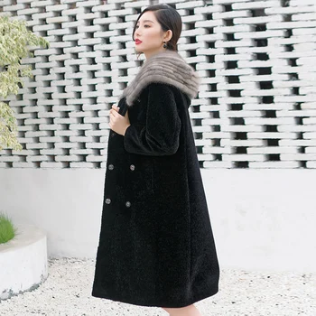 

Fashion wool coat outerwear women's real mink fur hooded long design warm winter wool overcoat 2018 new autumn collection