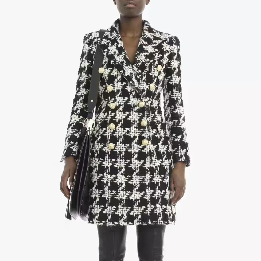

2018 Winter Designing Women's Notched Classic Pattern Plaid Weaving Double Breasted Wide-waisted Casual Wool & Blends Coat