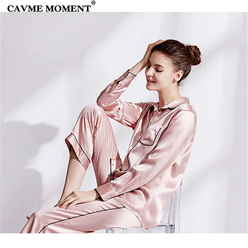 Летние роскошные шелковые пижамные комплекты с отложным воротником и длинными рукавами, однотонные темно-розовые элегантные домашние комплекты из 2 предметов