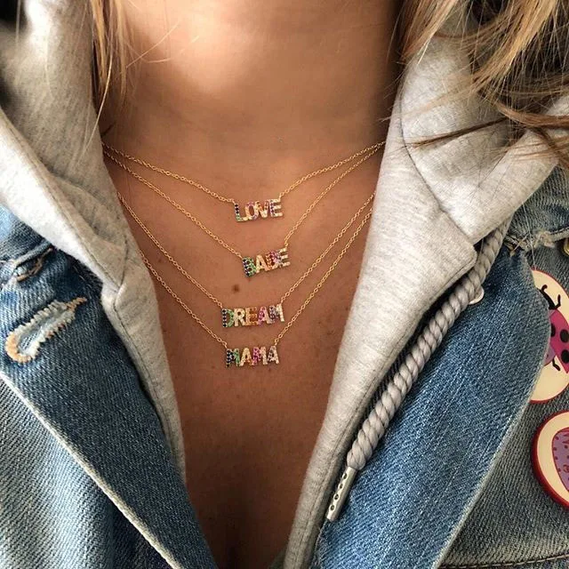 

2019 High quality 925 sterling silver rainbow colorful cz MAMA LOVE DREAM necklace for women ladies Bohemia Boho Fashion jewelry