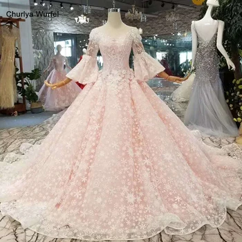 

LSS183 fairy evening dress long o neck flare half sleeves prom dresses lace up back party dresses court train light pink dress