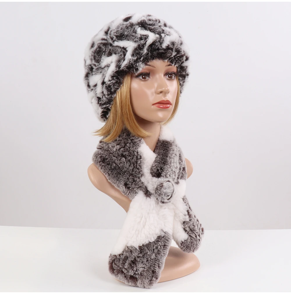 Новые модные женские наборы шарф шапка Зимний теплый вязаный мех кролика Рекс Меховые шляпки шарфы женские натуральный мех шапка шарф