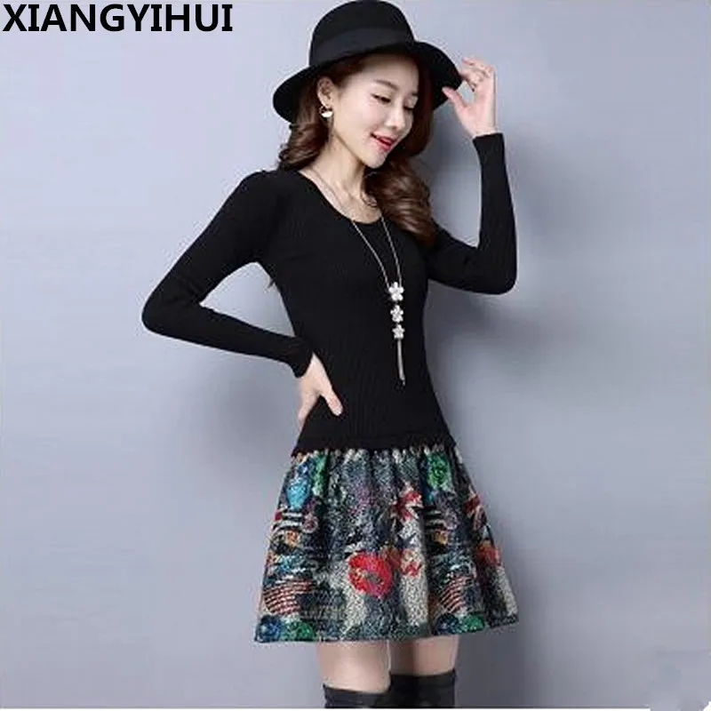 

2017 autumn and winter dress one-piece plus size loose knitted sweater dresses big size elegant Fashion flower printing dress