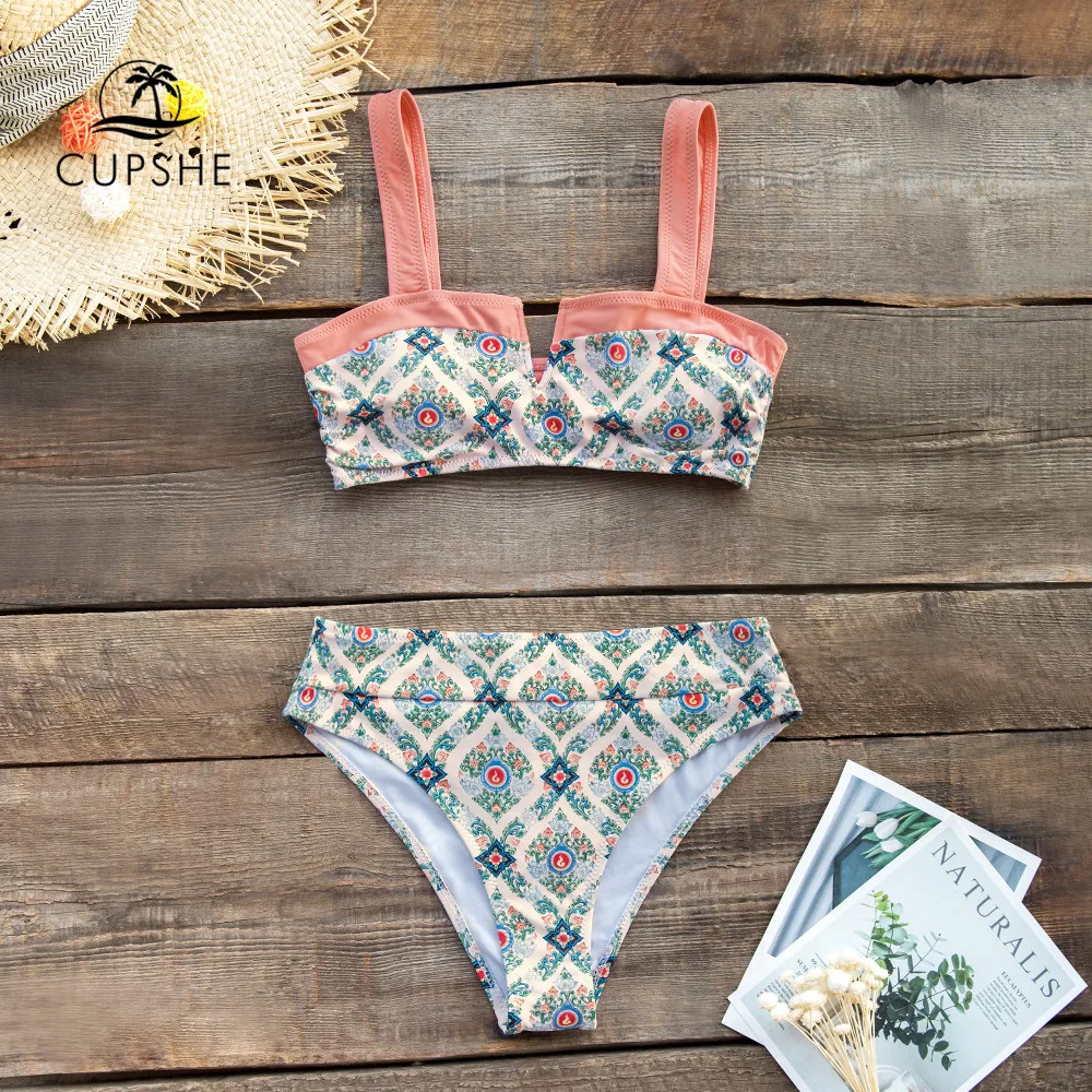 

CUPSHE Sexy Pink Vintage Print Bikini Set High-waisted Bandeau Two Pieces Swimsuit Women 2019 Girl Beach Bathing Suits Swimwear