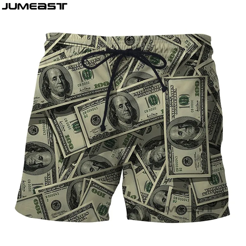 Бренд Jumeast мужские/женские шорты с 3D принтом денег, долларов, банкнот, новые быстросохнущие пляжные повседневные спортивные штаны, короткие штаны