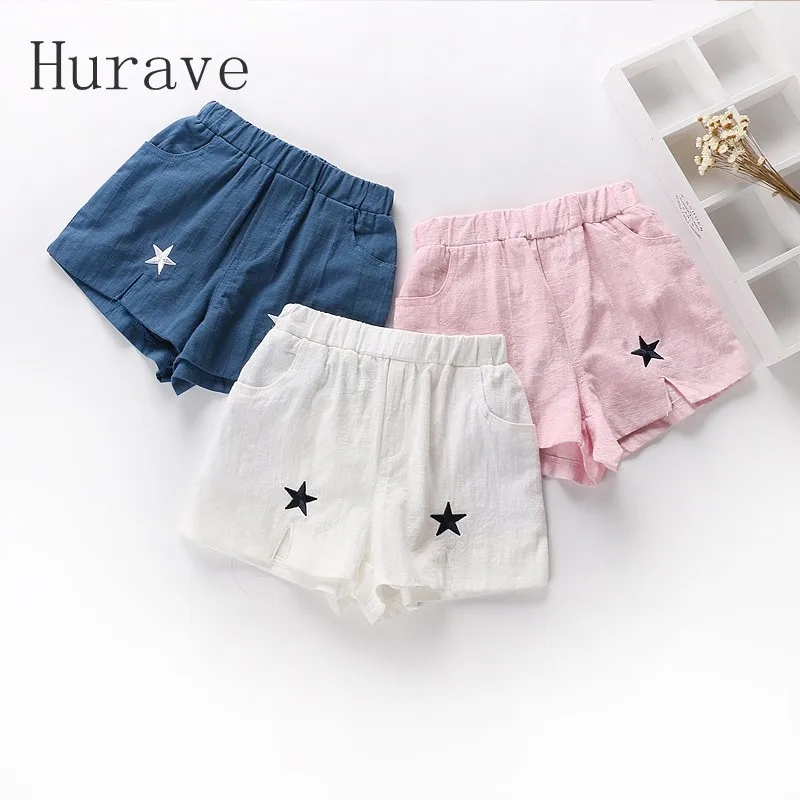 

Hurave Baby Girl 3 Colors White&Pink$Blue Casual Shorts Pants Elastic Waist Summer Children's Star Cothing Casual Pants Girls