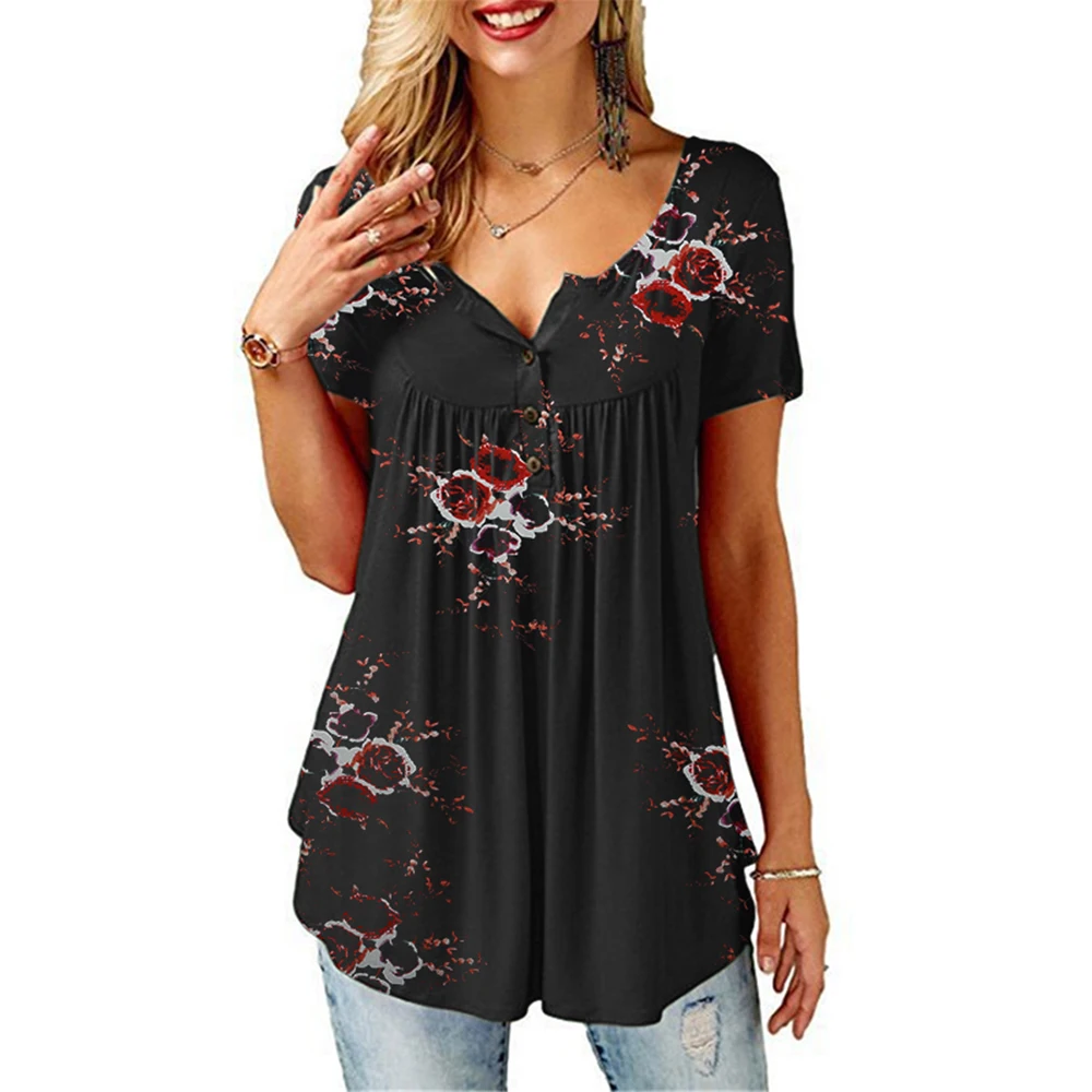 

Casual Floral Print Lady Loose Tops Women Short Sleeve T-Shirt Tee Fashion Female V-neck Button Tops camisetas mujer arriba H30