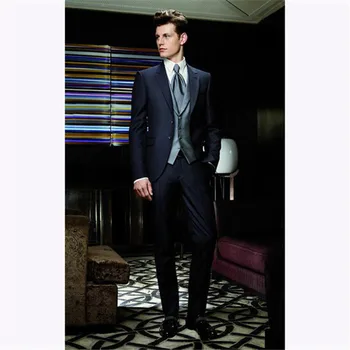 

Custom Made Groom Tuxedo men suit 2019 Navy Blue vestido de festa Groomsmen Wedding/Dinner mens Suits (Jacket+Pants+Tie+Vest)