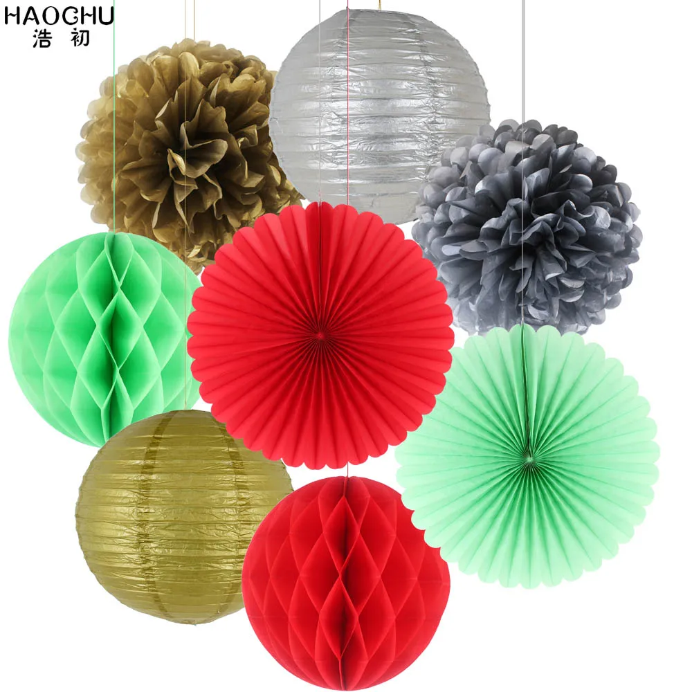 8pcs/Set Round Chinese Paper Lanterns Gold Silver Tissue Paper Honeycomb Balls Wedding Flower Birthday Party Hanging Decorations - Цвет: Red Green