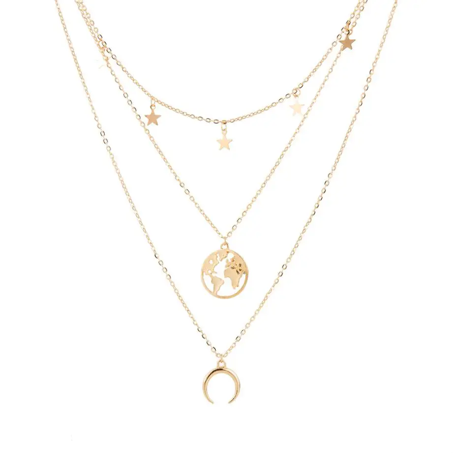 

2019 Boho Gold Color Star Moon World Map Pendant Multilayer Necklace for Women Chains Pendant Necklace Wedding Jewelry