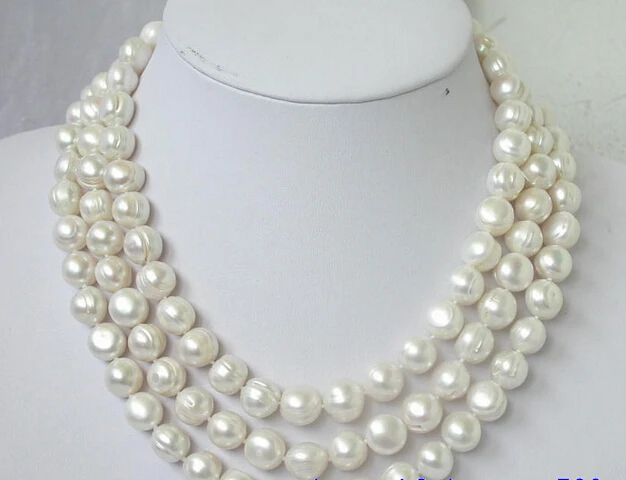 

NATURAL 12mm 3strands white pearls necklace N863