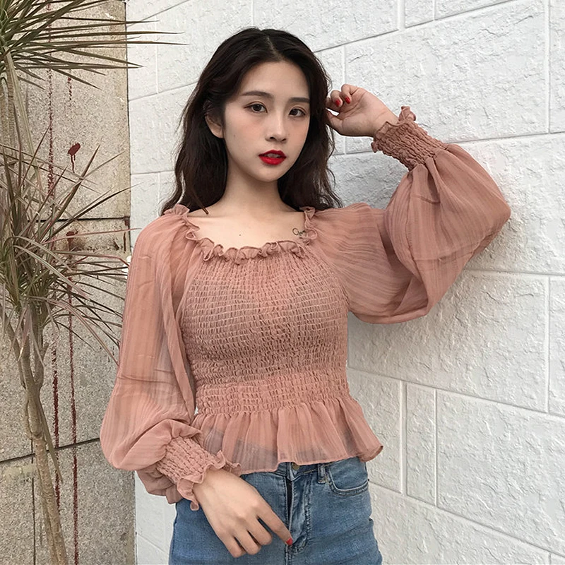  2019 Harajuku Off Shoulder Blouse Shirt Women Long Puff Sleeve Ruffles Womens Crop Tops korean Summ