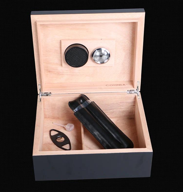 Цена по прейскуранту завода, высококачественный деревянный черный гумидор для сигар с гигрометром и увлажнителем, костюм из пяти предметов