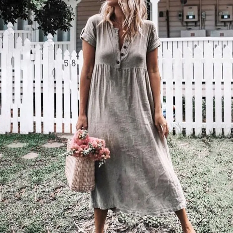 

Summer Women Fashion Sleeveless Long Shirt Dress Cotton Line V-neck Sundress Elegant Button Plus Size S-5XL Beach Long Dresses