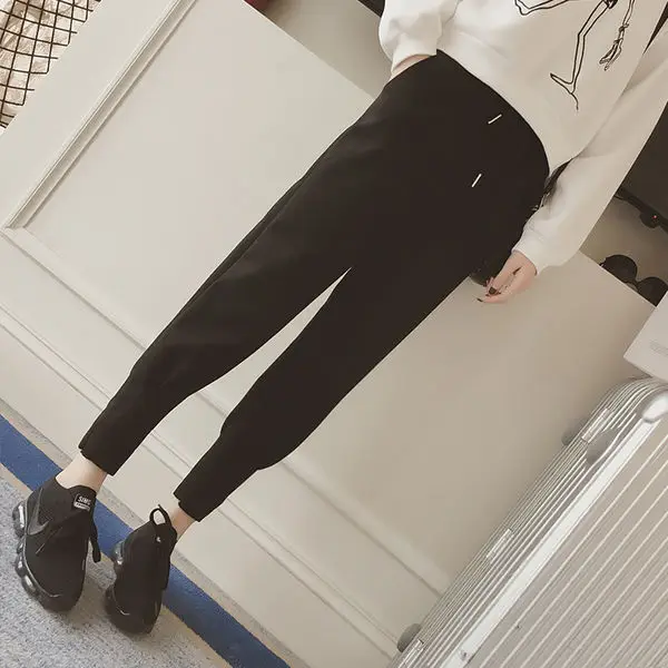 Женские брюки; Зимние теплые брюки до щиколотки в Корейском стиле, подходящие ко всему; Женские однотонные брюки на плоской подошве - Цвет: black2