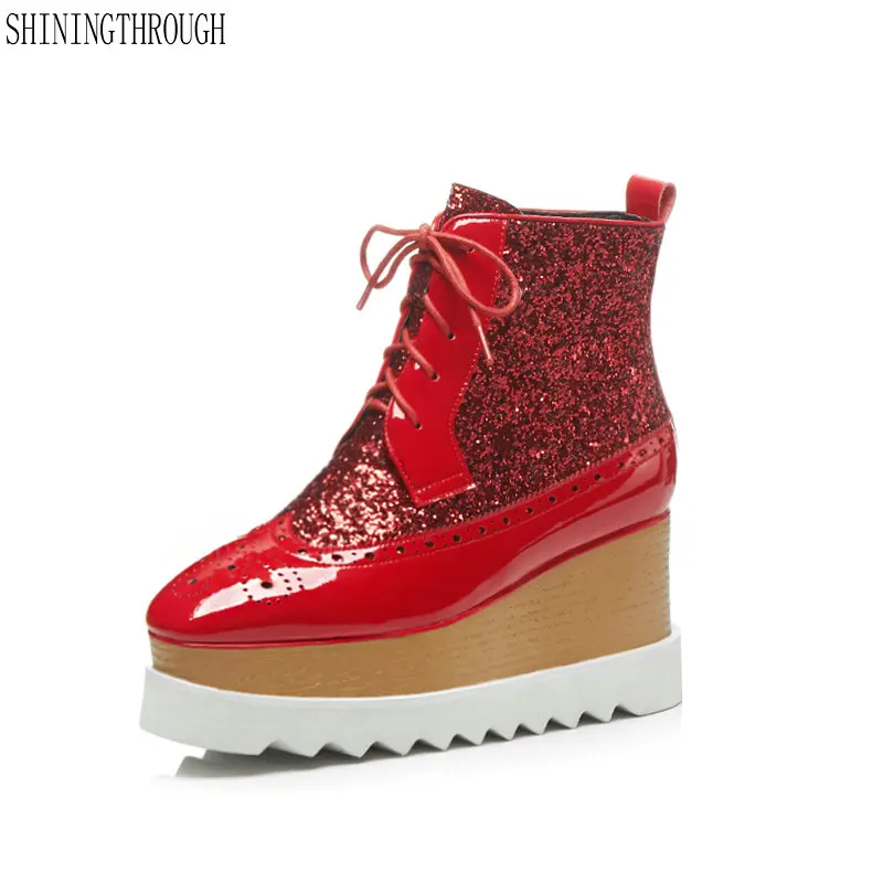 

Brand Women Ankle Boots lace up Casual Sneakers Autumn Winter genuine leather Shoes Woman wedges platform Basic Motorcycle Boots