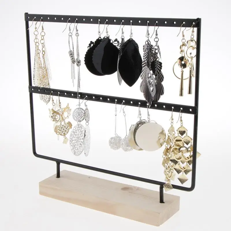 

44 Holes Wooden Earrings Jewelry Organizer Display Holder Stand Stainless Steel Jewelry Holder Earrings Necklace Rack Display