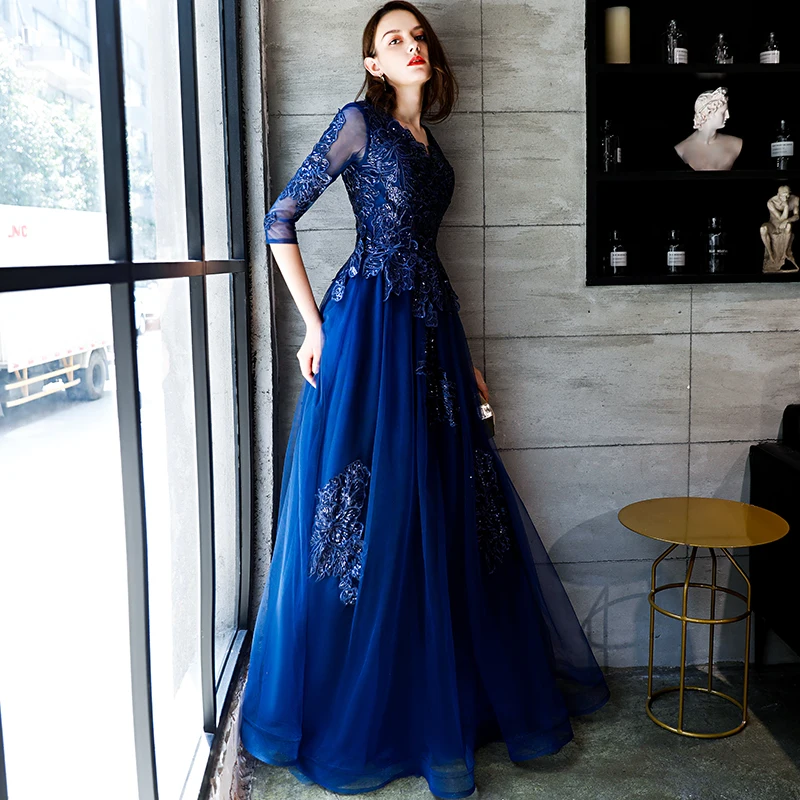 SSYFashion новое длинное вечернее платье с v-образным вырезом темно-голубое кружевное с аппликацией 3/4 рукава длина до пола элегантные вечерние платья для торжеств
