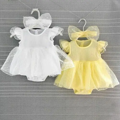 

2Pcs Newborn Kids Baby Girls Tulle Bodysuit Dress Ruffles Lace Tutu Dress +Headband Set