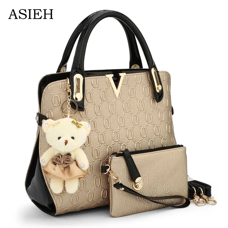 Asieh Brand 2 Bags/set With Bear Toy Casual Embossed Handbag Designer