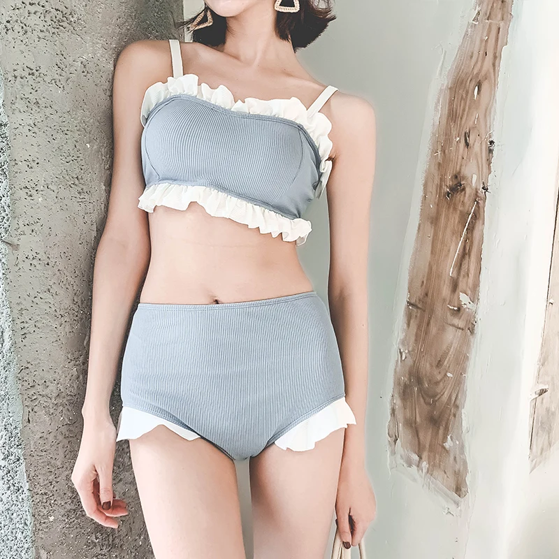 

2019 Korean Women High Waist Swimsuit Sexy Adjustable Shoulder Strap Ruffle Lovely Cute Girl's Retro Gray Maillot de bain femme