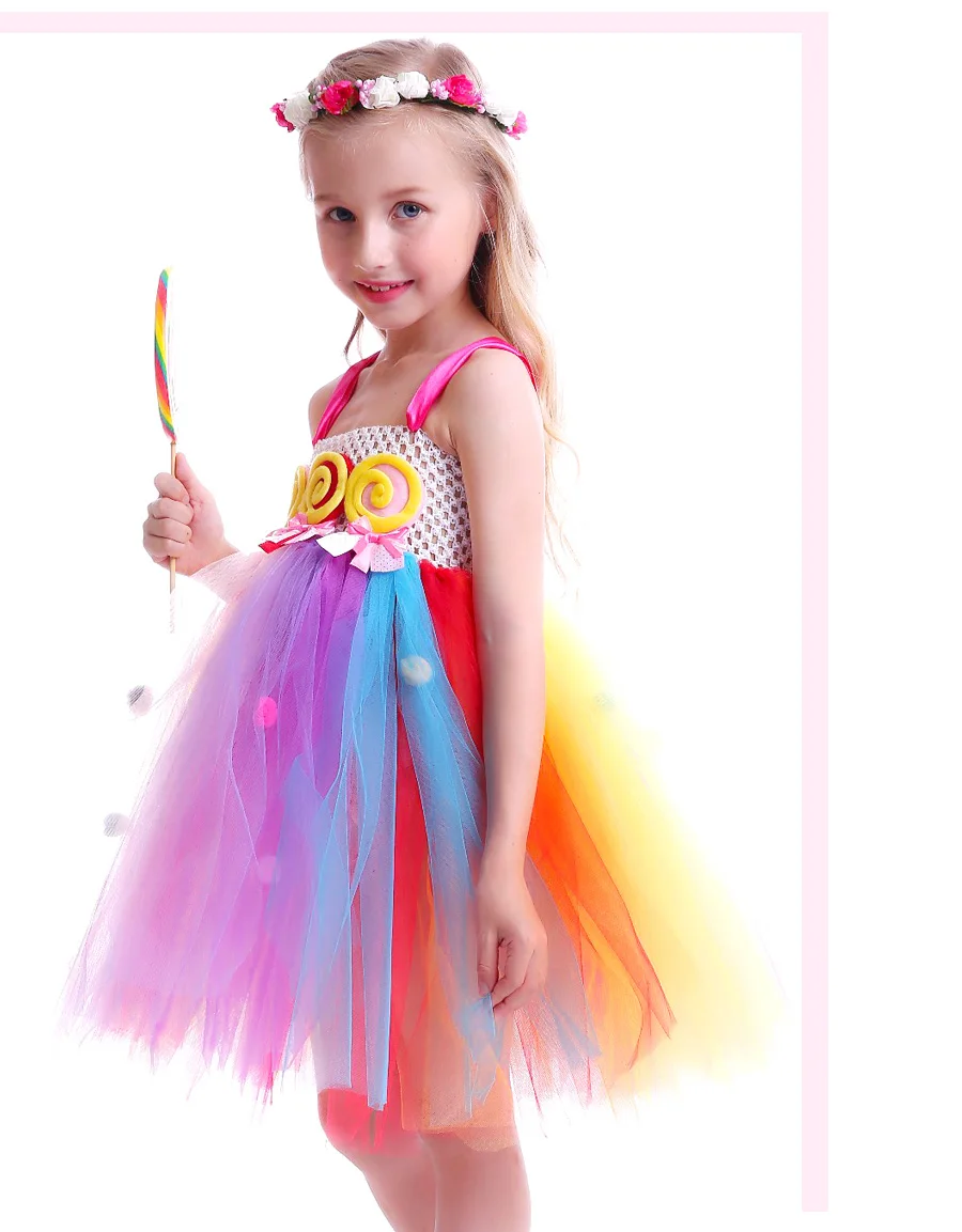 Pom Pom Design Sweet Candy Lollipop Girls Tutu Dress Kids Rainbow Fairy Summer Dress Children Birthday Photo Costume Outfit (5)