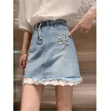 Летние милые юбки с вышивкой джинсовые синие кружевные с высокой талией женские юбки в Корейском стиле