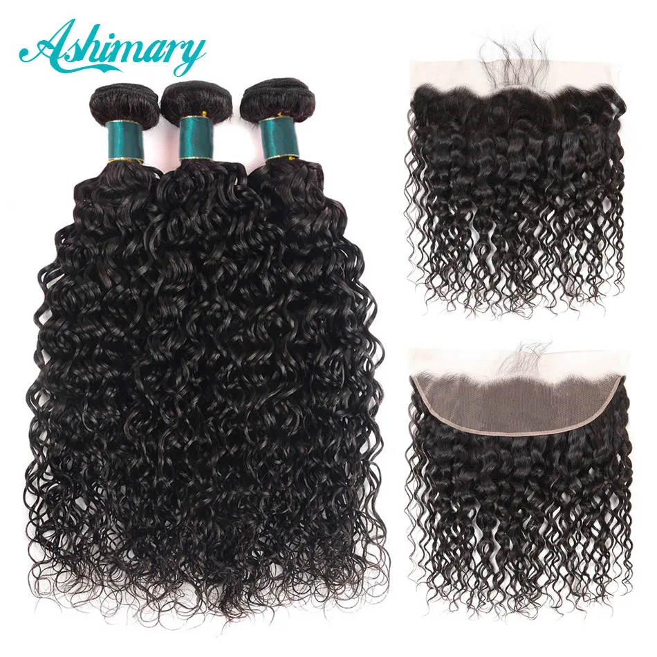 melhor Ashimary Pacotes com Frontal Do Cabelo Do Laço Frontal com Feixes de Ondas De Água Brasileira Remy Do Cabelo Humano Bundles Cabelo com Encerramento