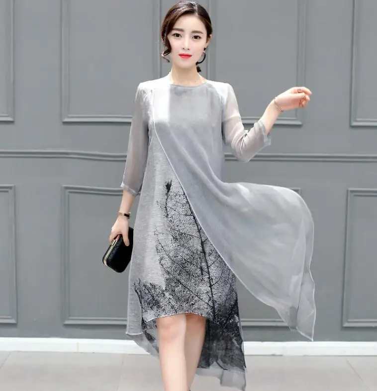 

Fashion Printing Hem Irregular Three Quarter Silk 2018 Autumn Summer New Fake Two Pieces Faux Silk Dress