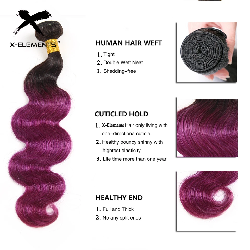X-Elements Brazilian Ombre Body Wave Hair Bundles T1B 30 Burgundy 39J Purple Colored Human Hair Weave Non-Remy Hair Extensions (2)