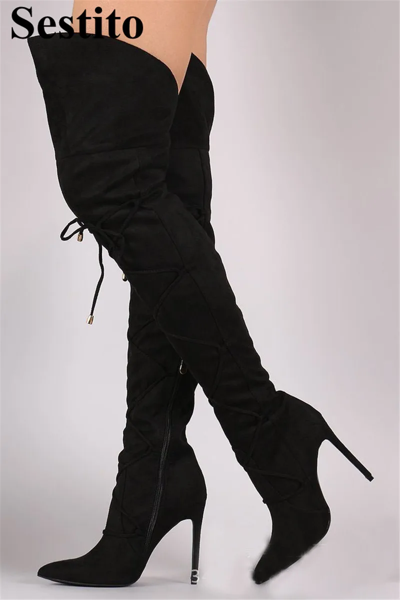 

New Black Flock Winter Boots Woman Pointed Toe Cross-tied Over-the-Knee Boots Women Super High Heel Thin Heels Zip Ladies Shoes