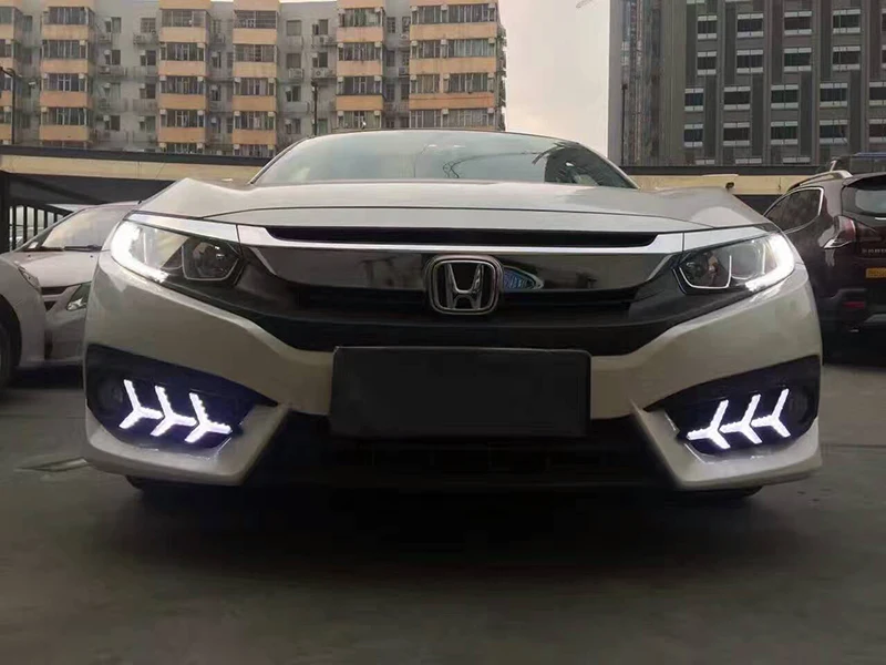 Автомобильный мигающий светодиодный DRL дневные ходовые огни для Honda Civic 10th сигнал поворота желтый с отверстием противотуманной фары