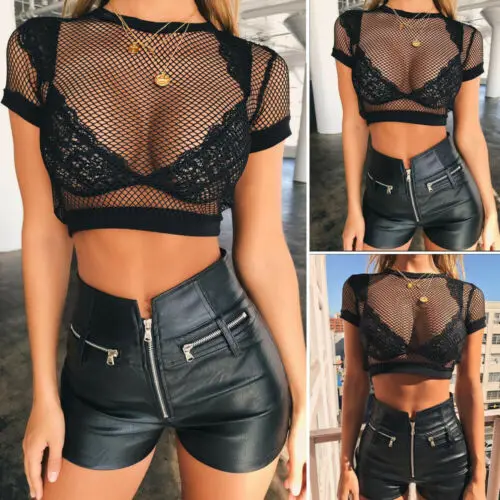 

2019 Fashion Women‘s Mesh Fishnet T-Shirts Short Sleeves Stretch Short Summer Sexy Tee