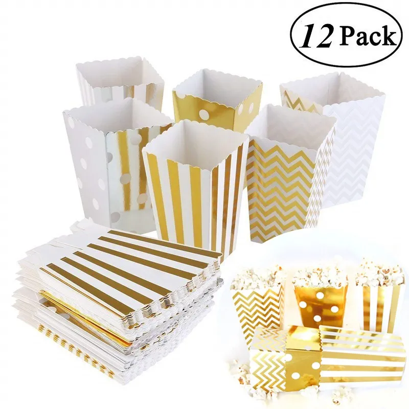 

12pcs Gold/Silver Stiff Paper Mini Party Popcorn Boxes Pop Corn Candy/ Sanck Favor Bags Wedding Birthday Movie Party Tableware