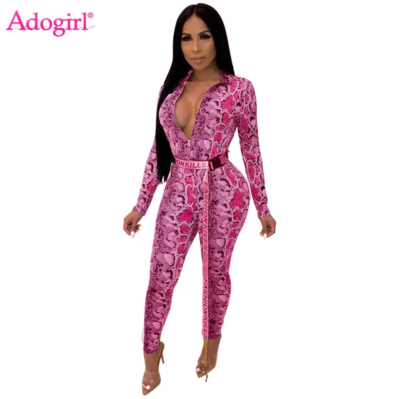 

Adogirl Snakeskin Print Women Bandage Jumpsuit Zipper V Neck Long Sleeve Casual Romper Sexy Club Party Outfits Female Bodysuits